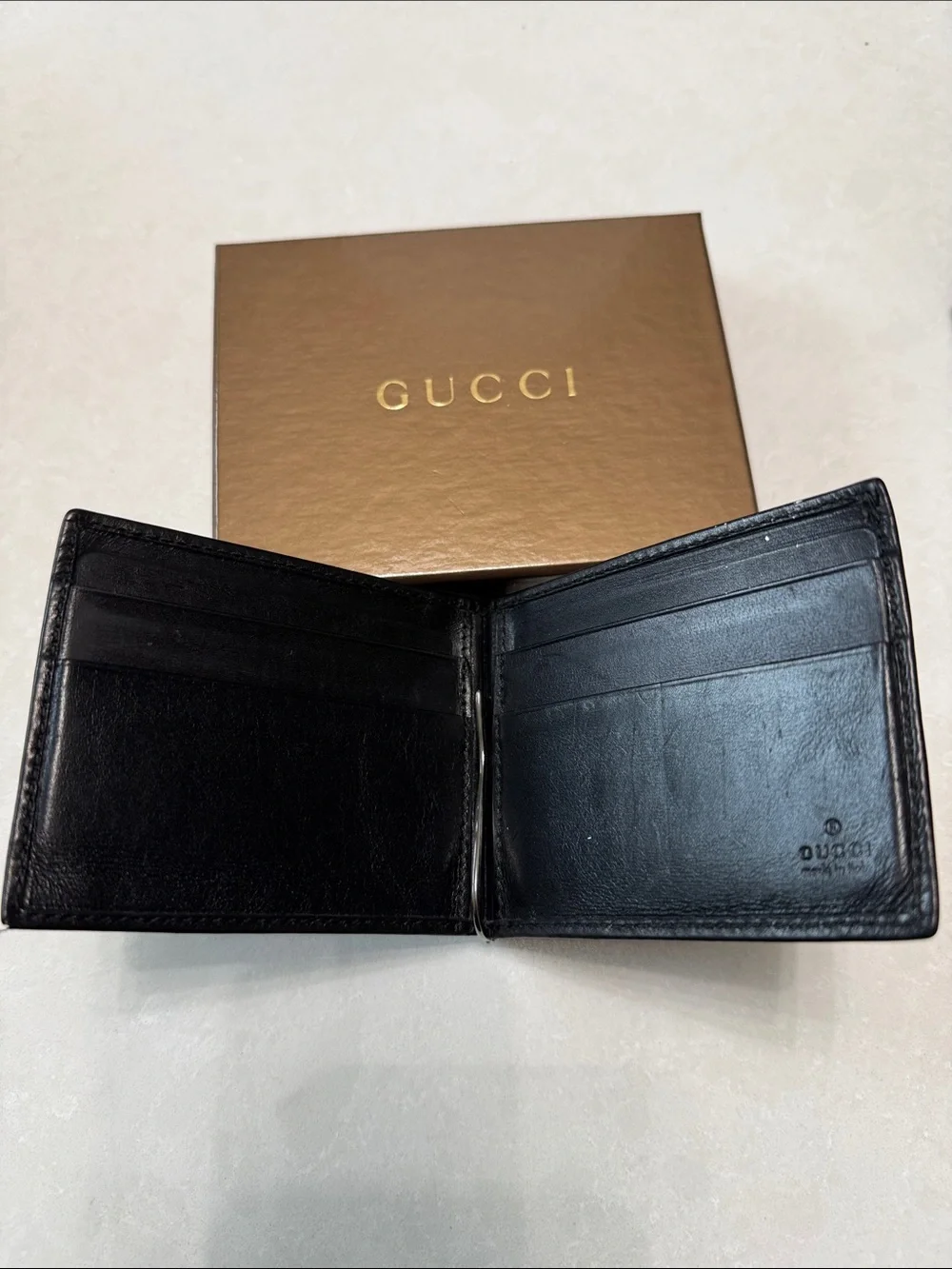 Gucci Black Leather Money Clip with Red & Green Stitching